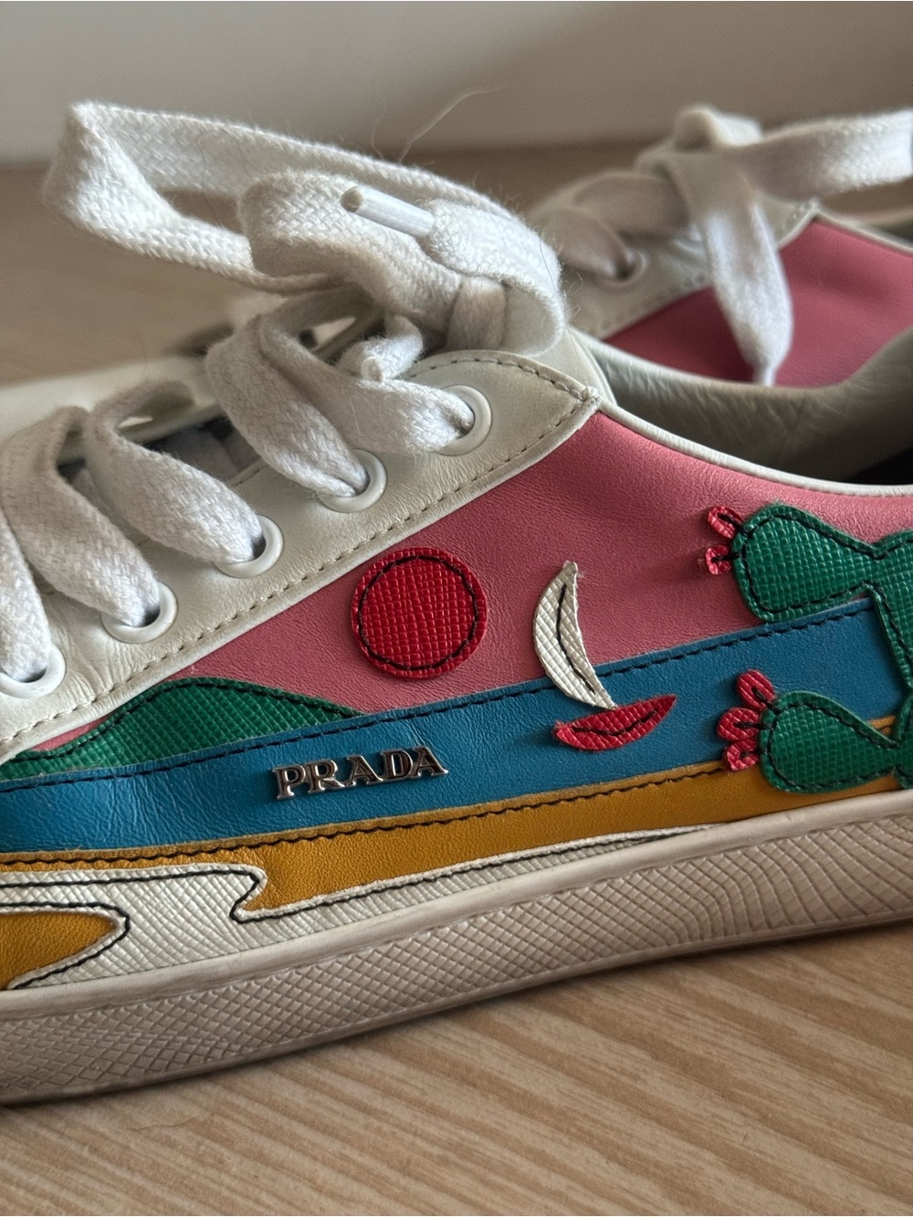 Prada Pink Leather Scenic Lace-Up Sneaker with Multicolor Appliqué